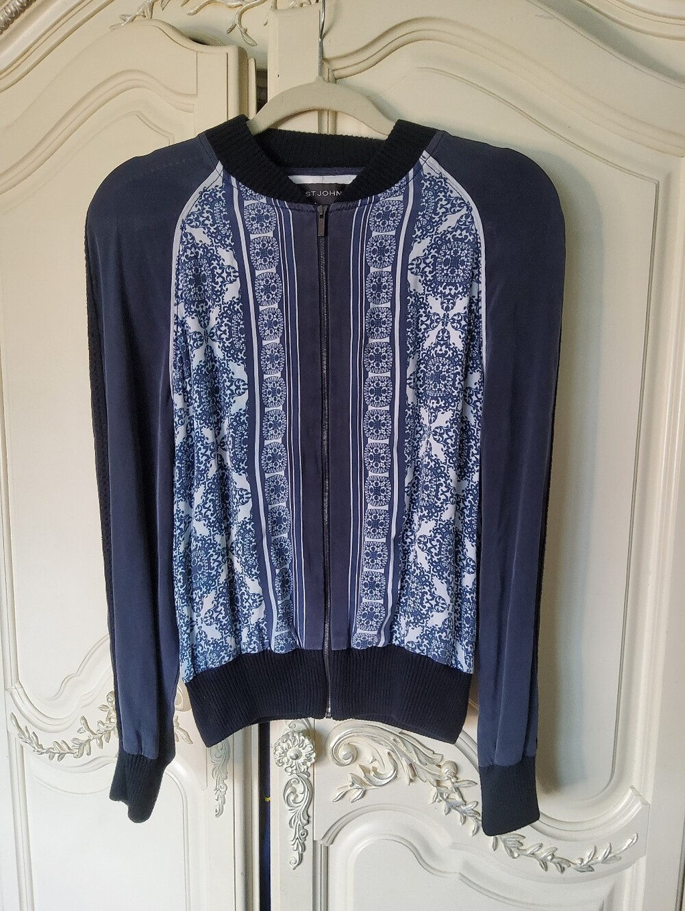 St. John Collection Silk Navy Printed Zip-Front Bomber Jacket